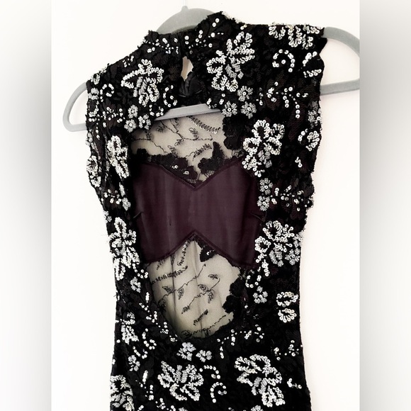 Mac Duggal Silver Sequin Cutout Mini Dress Bodycon SZ XS Party Black Lace Dress - Picture 9 of 14